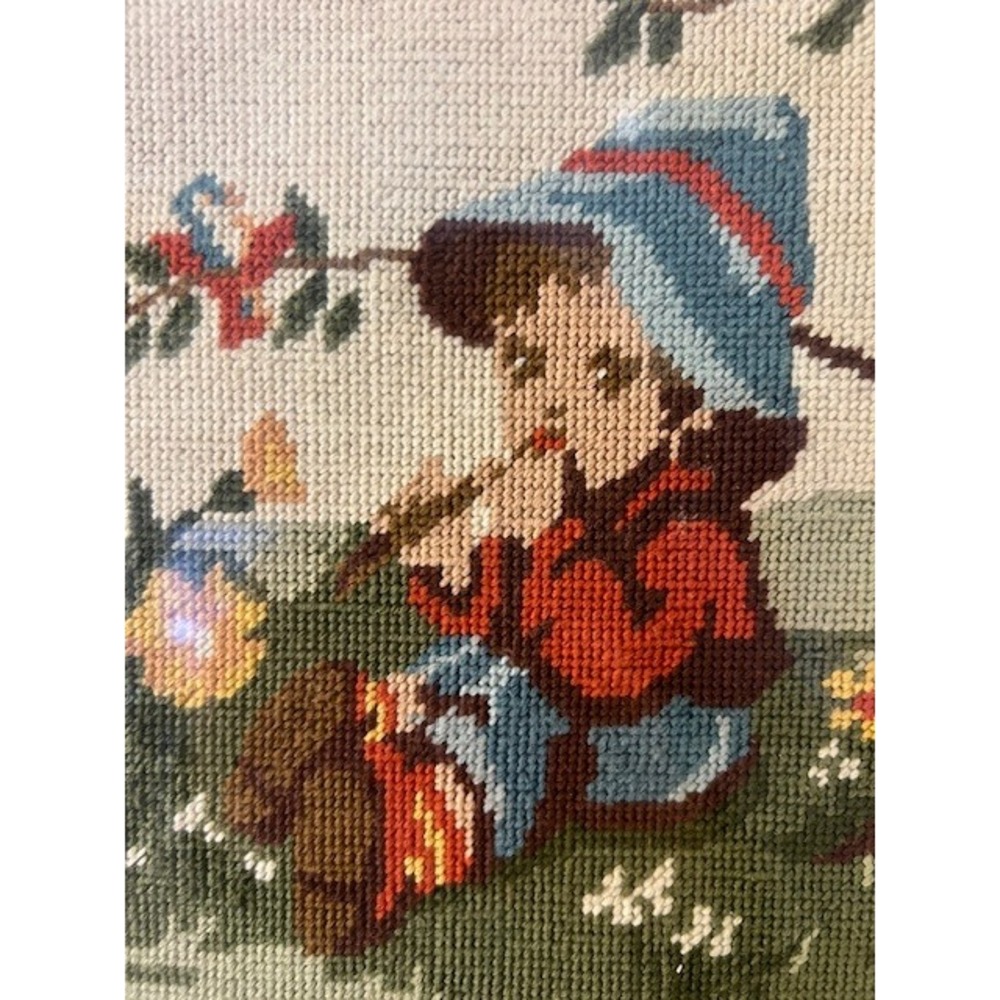 Vintage Hummel Style Needlepoint Framed Art Djecak S Frulom Boy with Flute 12x15